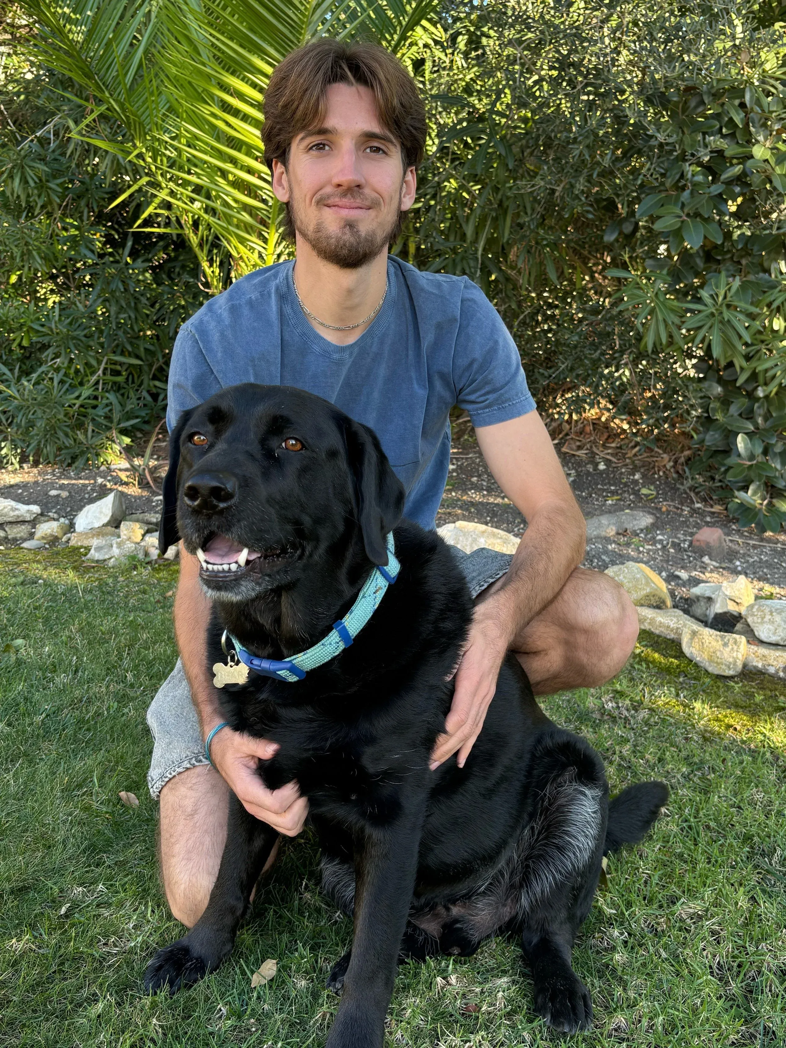 A young man with brown hair and a beard sitting on grass outdoors, holding a black dog with a blue collar. Both are surrounded by green bushes and plants.