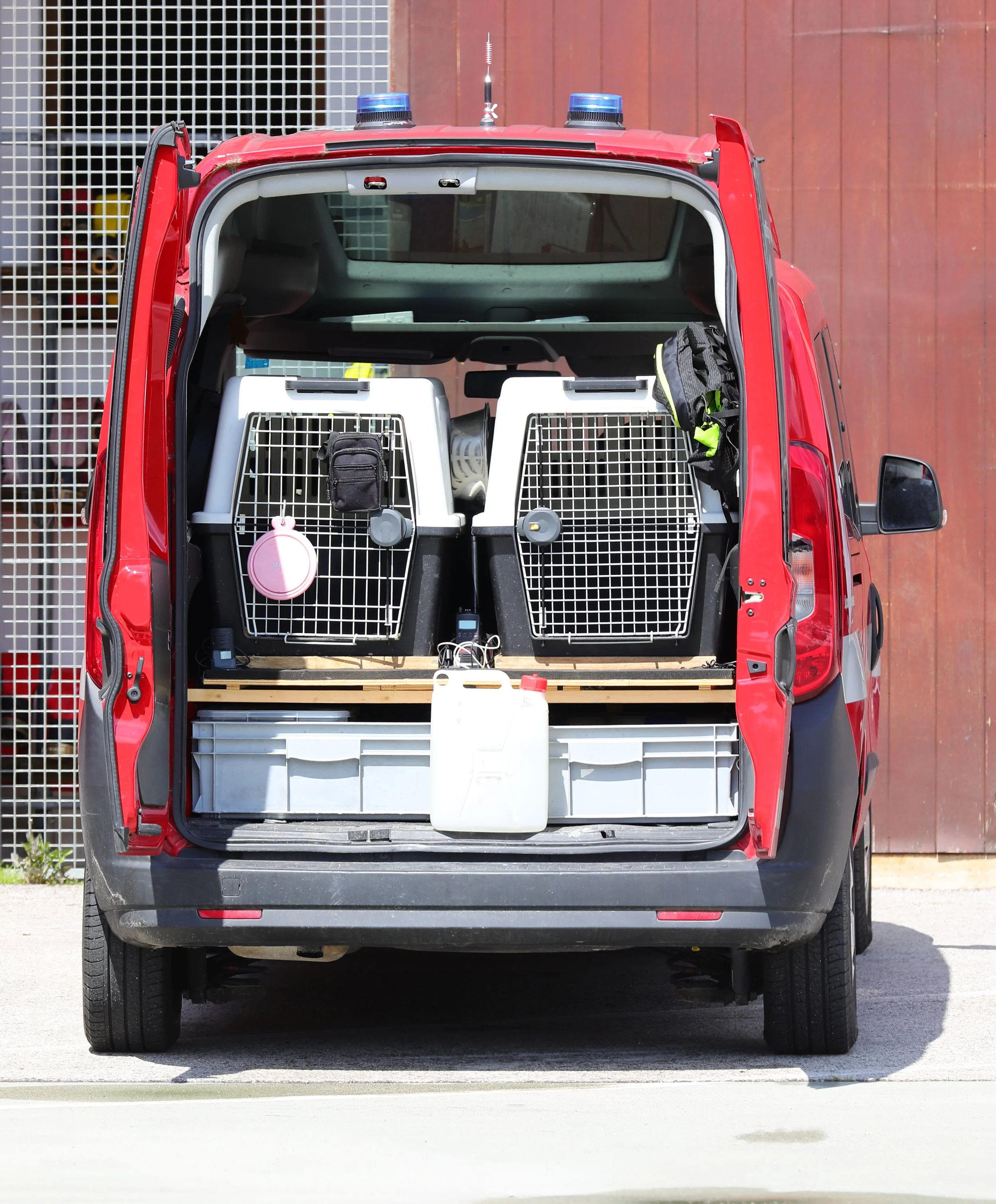 Back of a red van with two small animal cages, backpacks, a water bottle, and other equipment inside, likely for transporting pets.